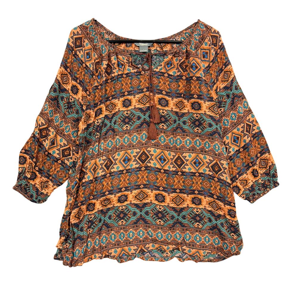 Nautical Reflections Womens Top Brown Teal Aztec Tribal V Neck Tie 3/4 Sleeve L